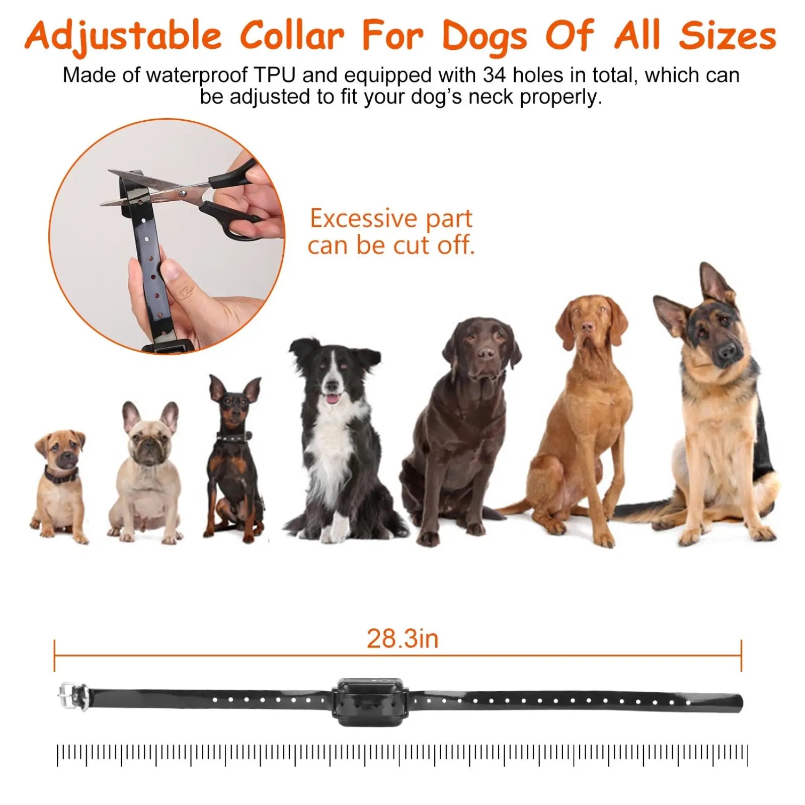 Black adjustable dog collar made of waterproof tpu with 34 holes for sizing for electric dog fence system ipx7 waterproof pet containment