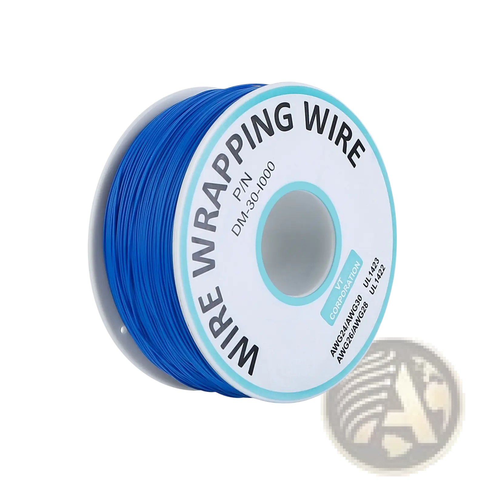 A spool of bright blue electric dog fence wire neatly wound with labeled product specifications and water resistant collar features