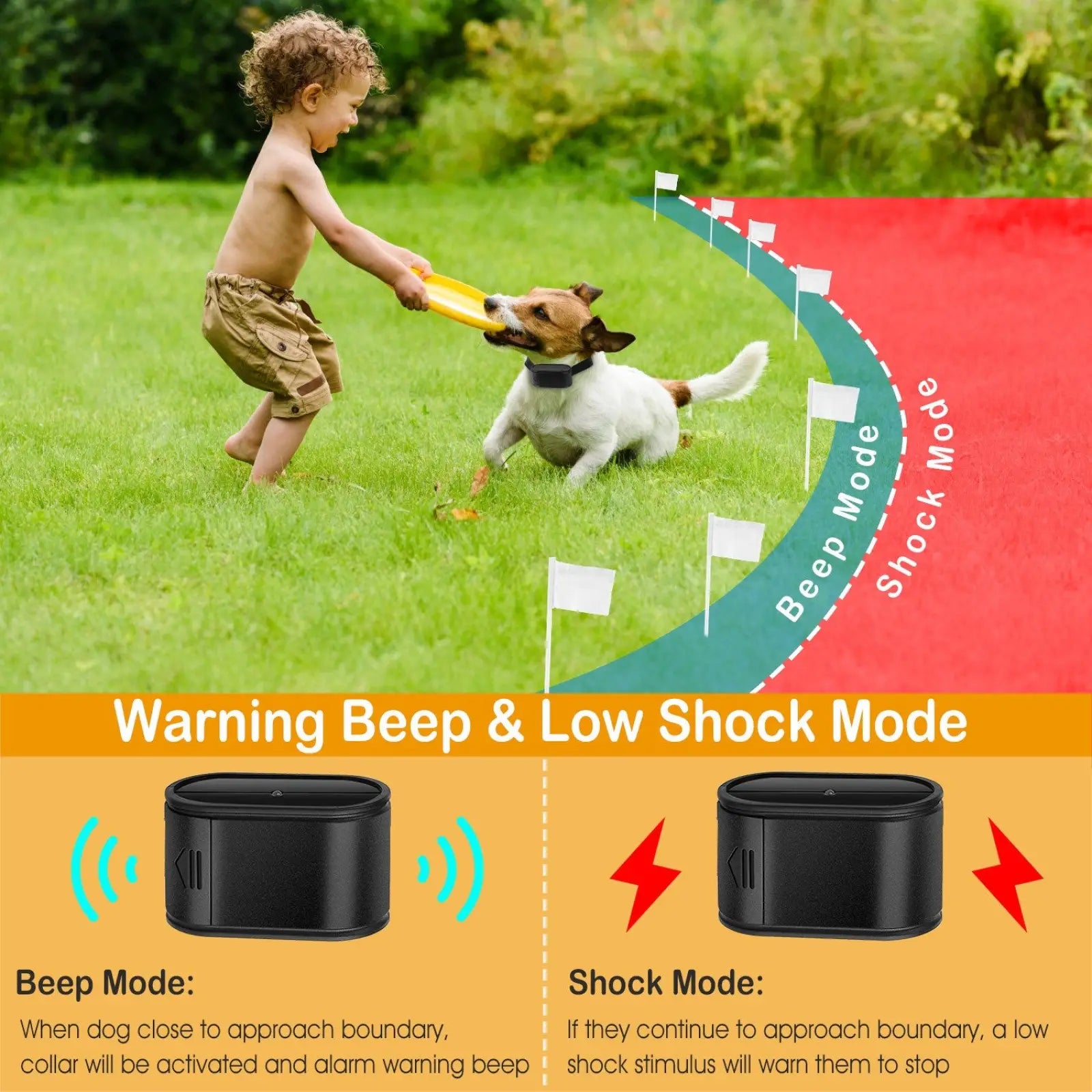 Black electric dog fence system collar with warning beep and low shock modes for effective training