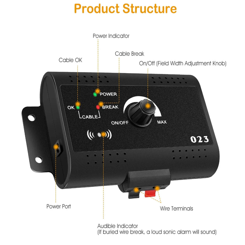 Black plastic electric dog fence system device with central rotary knob labeled 023 and water resistant collar features