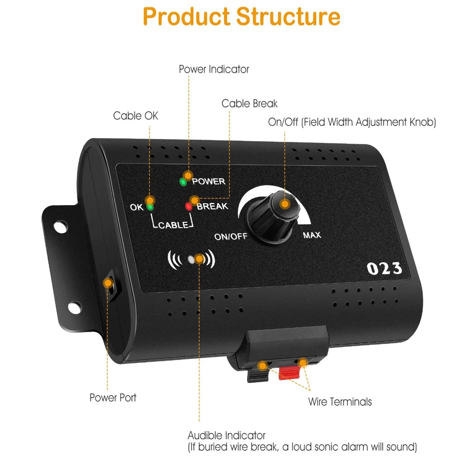 Black plastic electric dog fence system device with central rotary knob labeled 023 and water resistant collar features