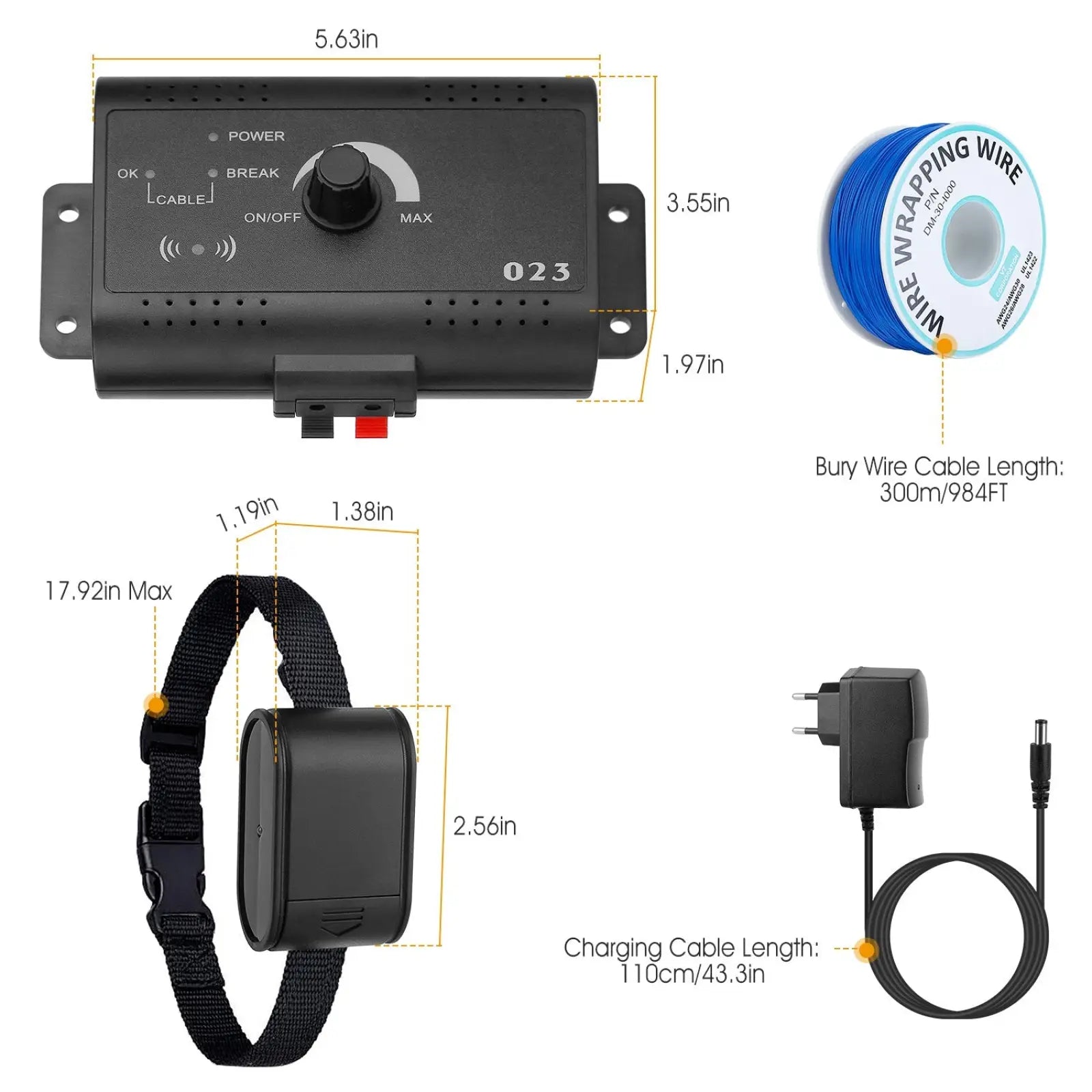 Black plastic electric dog fence collar with water resistant rectangular receiver and adjustable strap shown from back side
