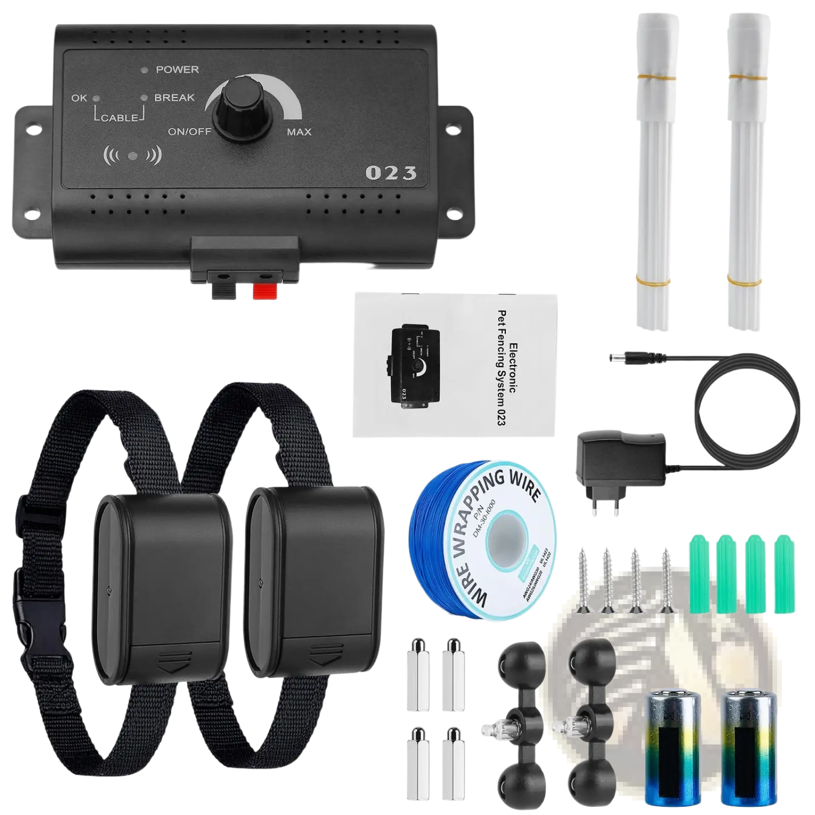 Black electric dog fence system with water resistant collars control box and accessories for pet containment