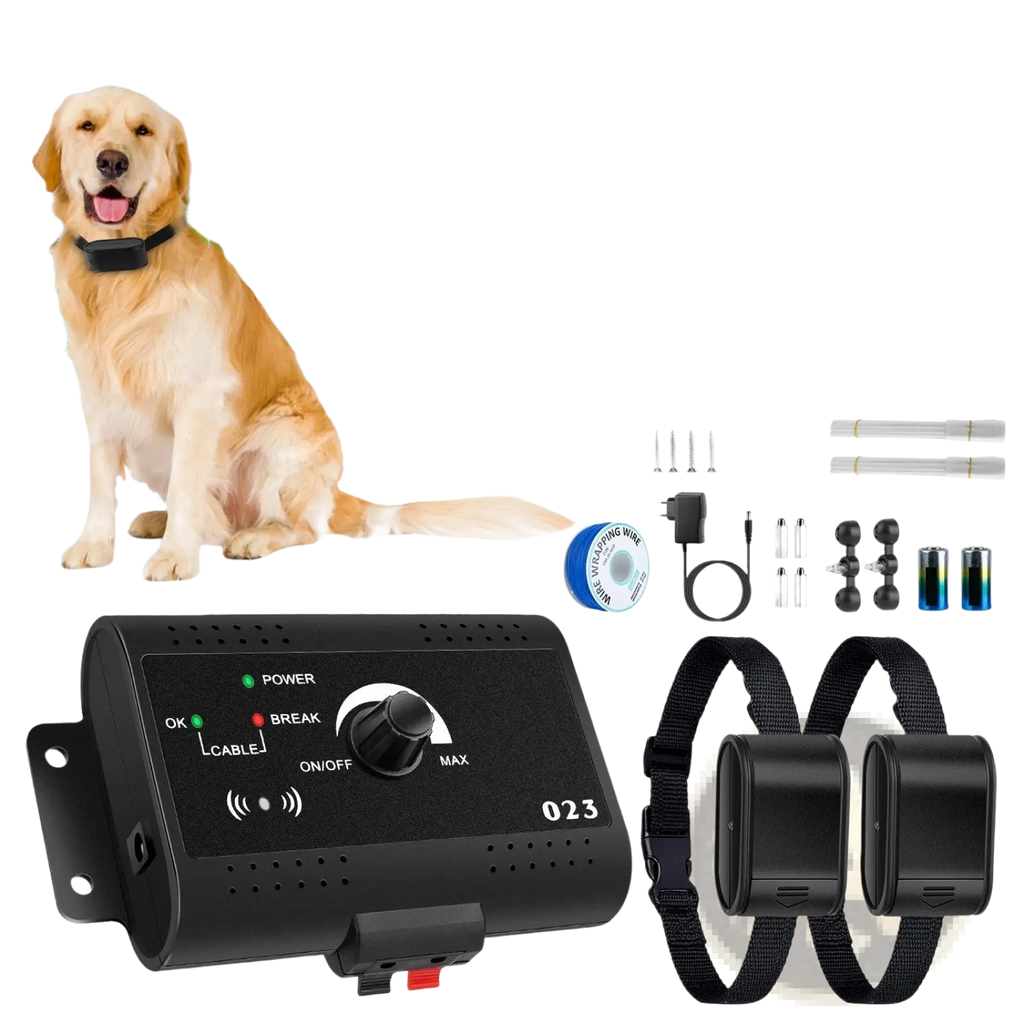 Black plastic electric dog fence system control unit with power break and cable indicator lights for pet containment