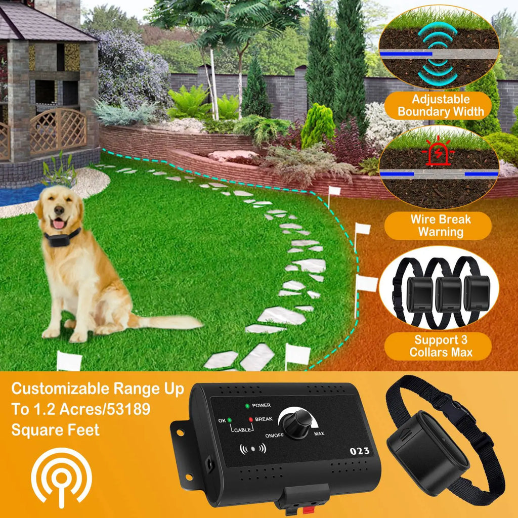 Black plastic electric dog fence collar with adjustable strap and control unit for pet boundary system use