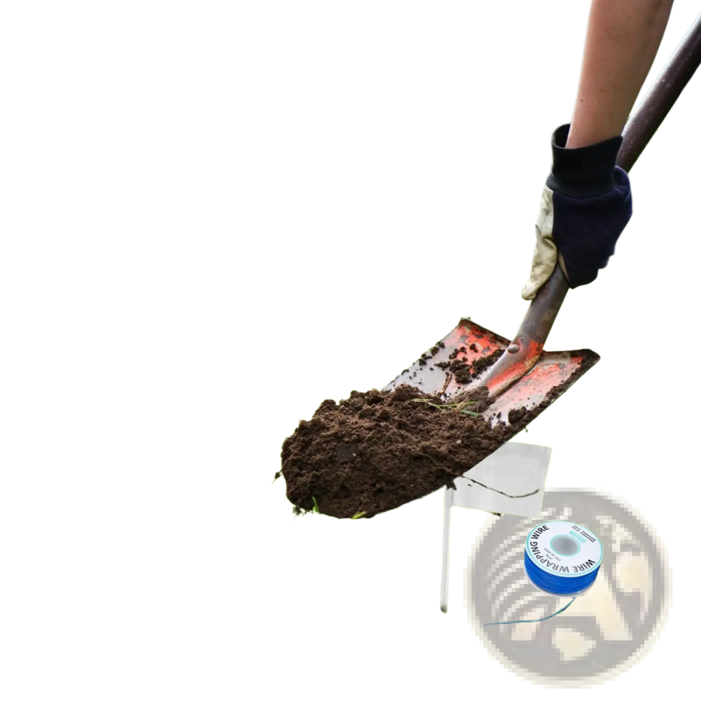 A spool of blue wire labeled wire winding wire beside a shovel in soil for electric dog fence system with water resistant collar