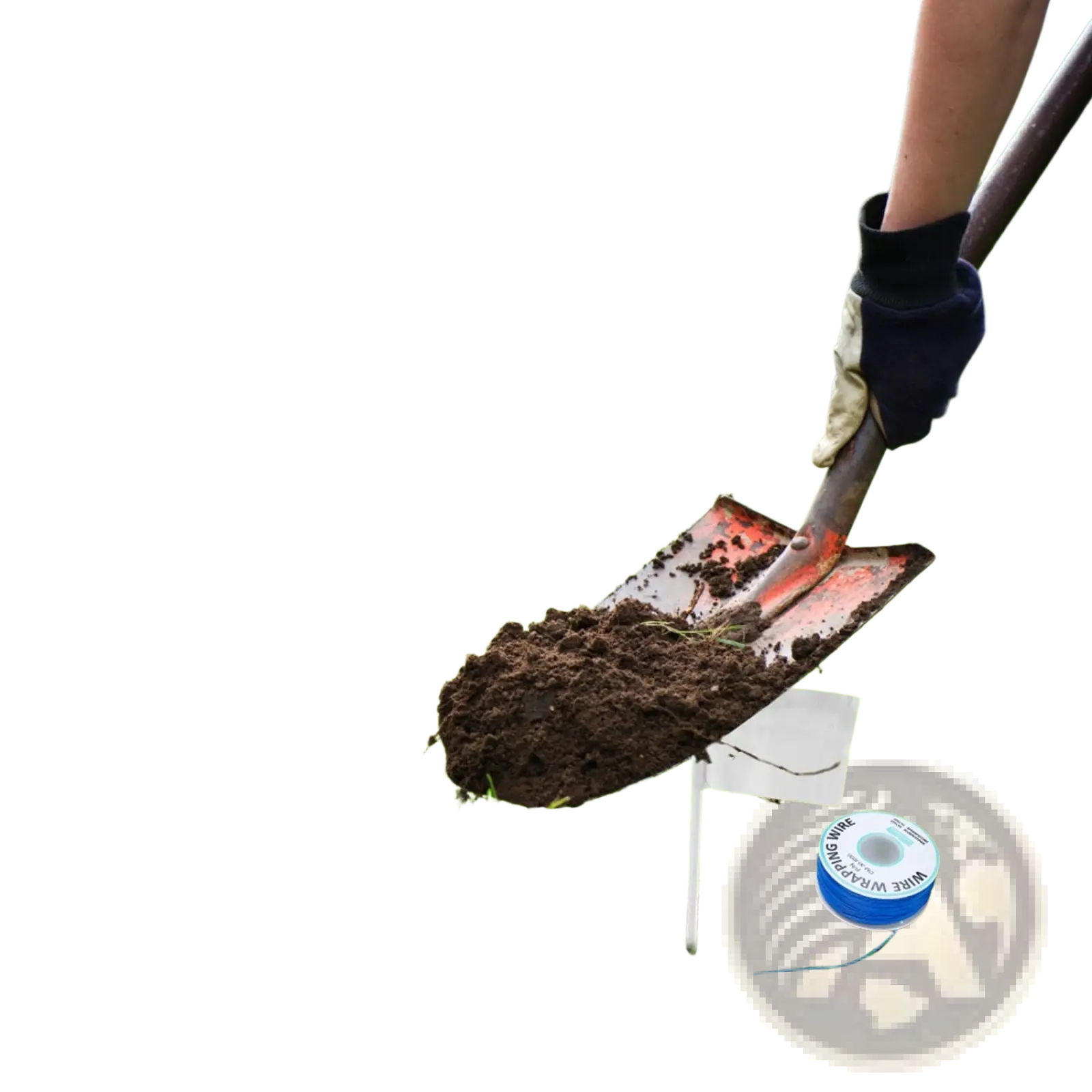 A spool of blue wire labeled wire winding wire beside a shovel in soil for electric dog fence system with water resistant collar