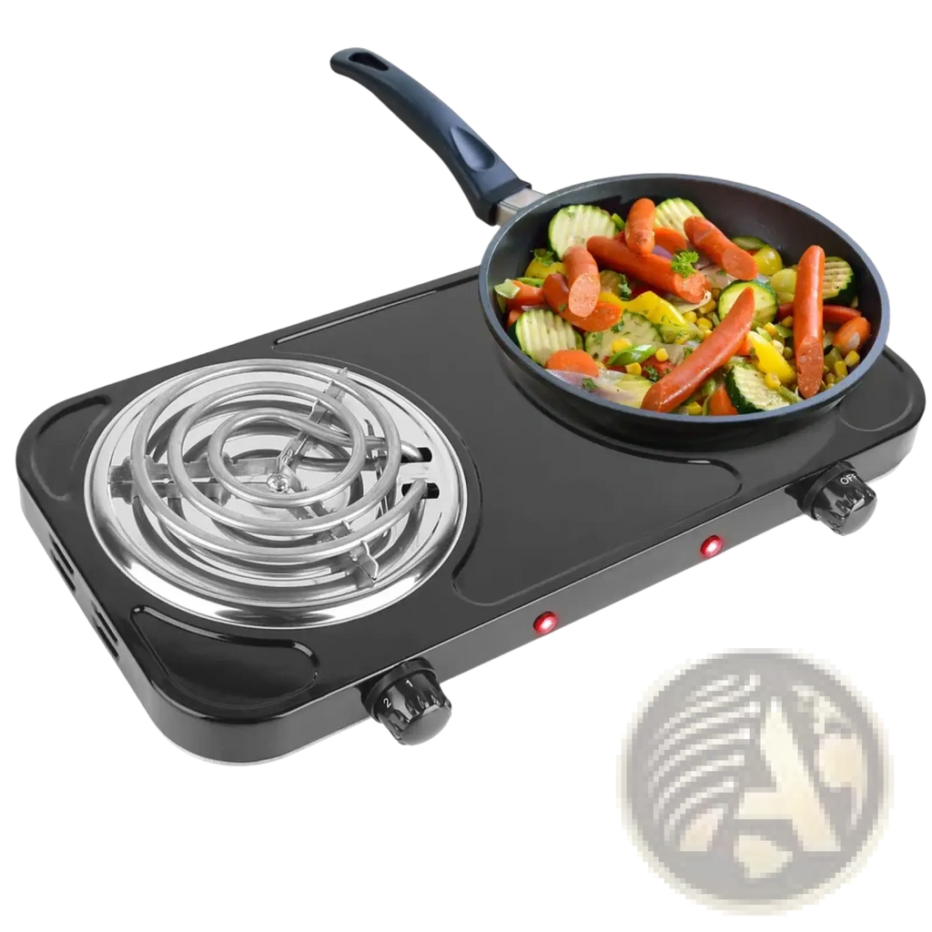 Black electric double burner 2000w portable hot plate stove with silver coil burner and frying pan of vegetables