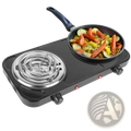 Black electric double burner 2000w portable hot plate stove with silver coil burner and frying pan of vegetables