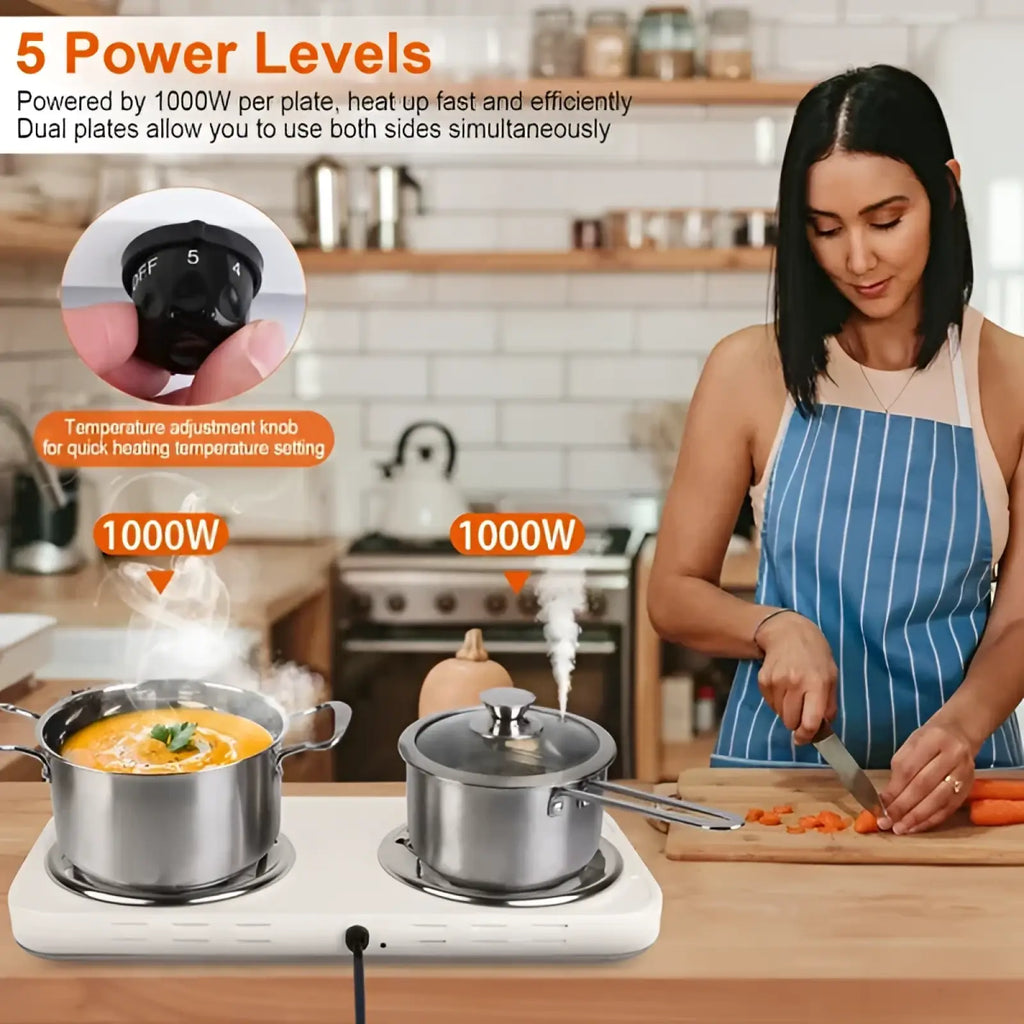 White electric double burner with two stainless steel heating plates and a black temperature adjustment knob