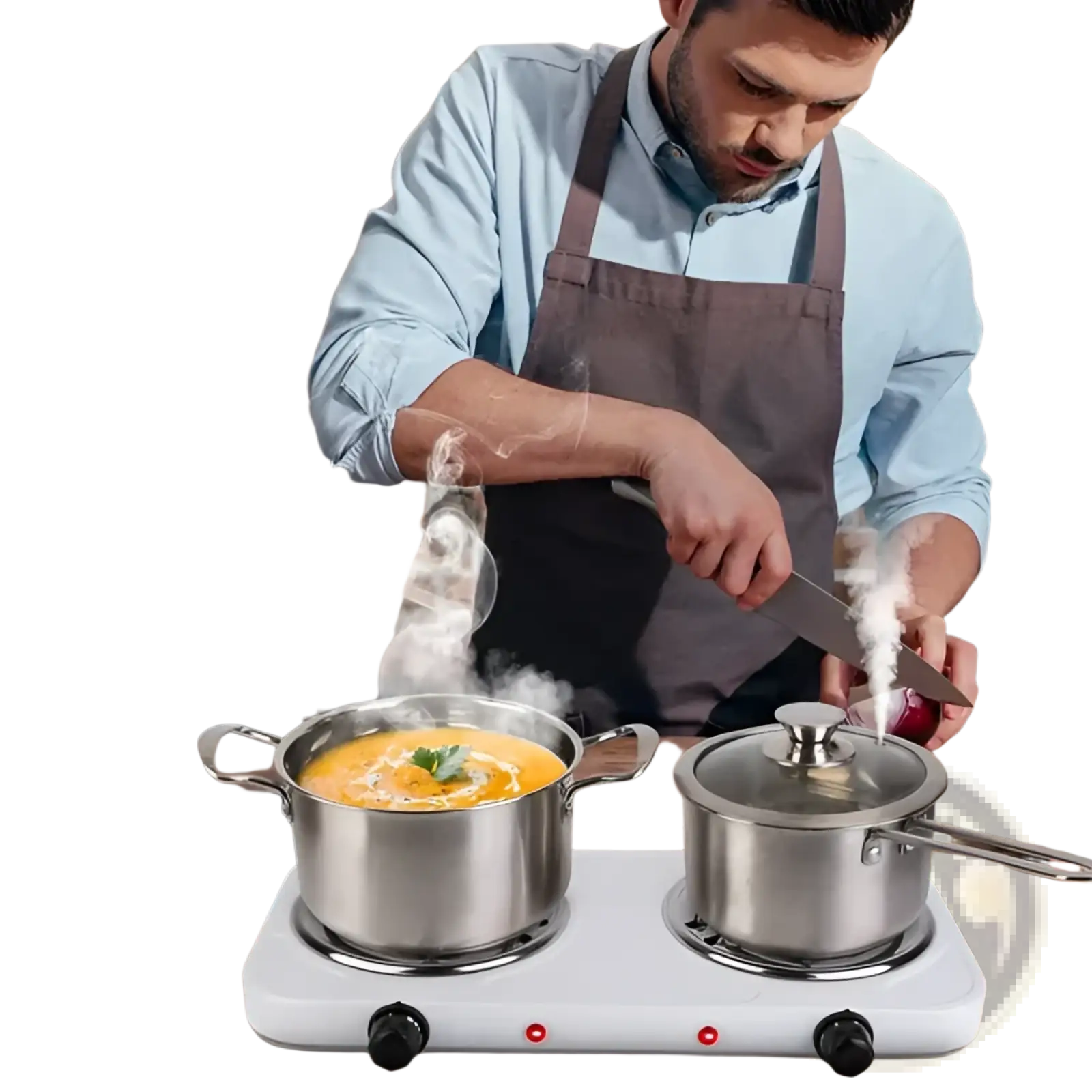 White double burner electric cooktop with black control knobs and red indicator lights portable 2000w hot plate stove