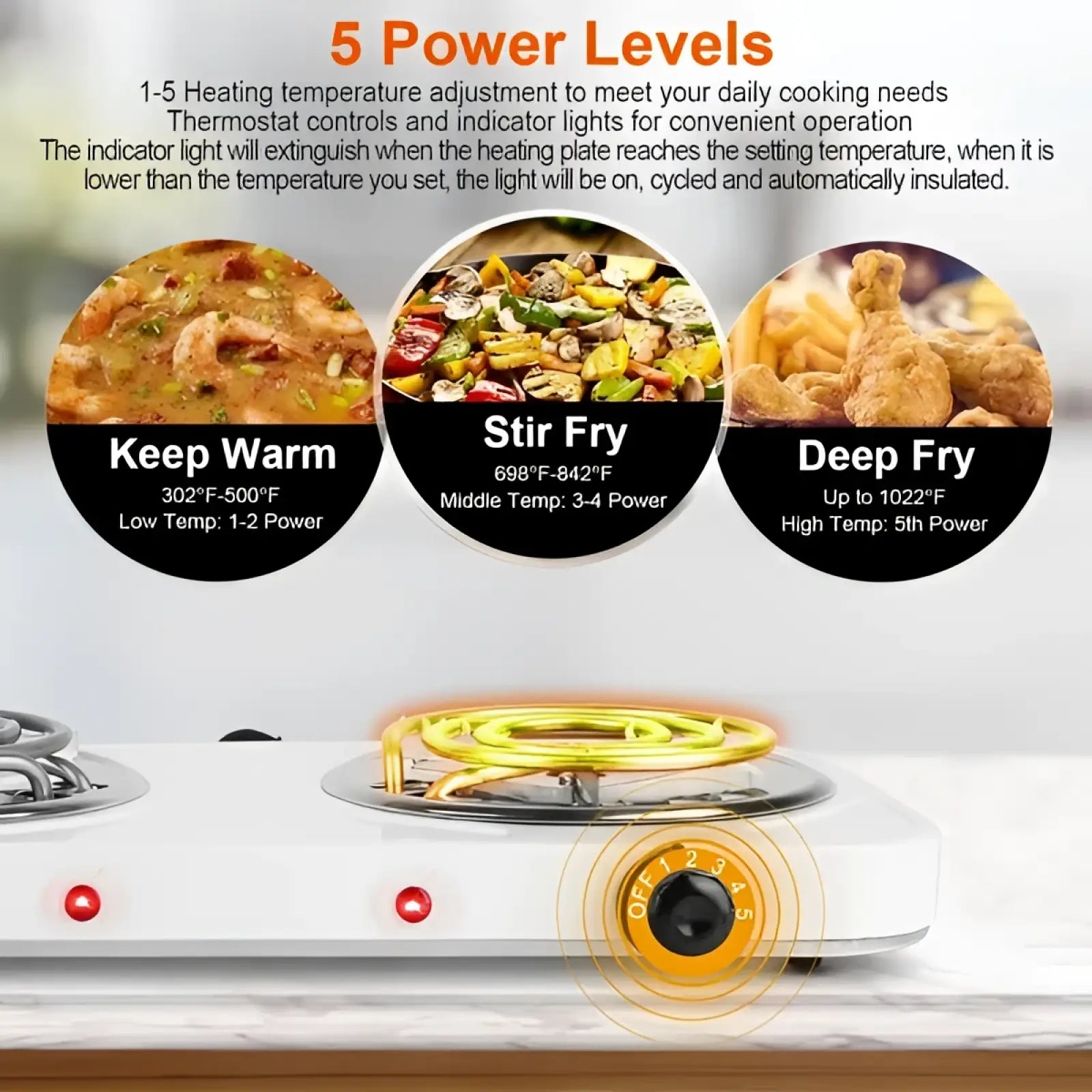 White electric double burner 2000w portable hot plate stove with a coiled golden heating element and red indicator lights