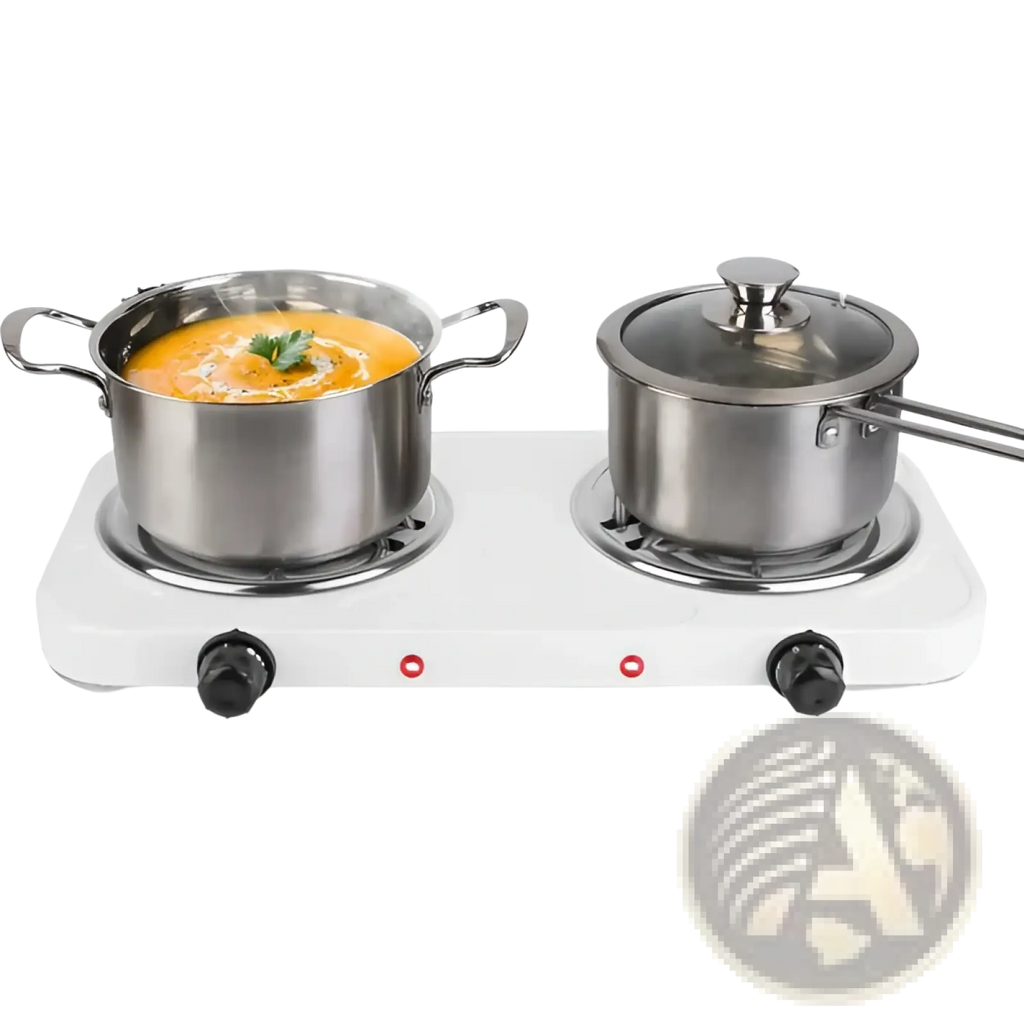 White electric double burner 2000w portable hot plate stove with two stainless steel pots one containing orange soup