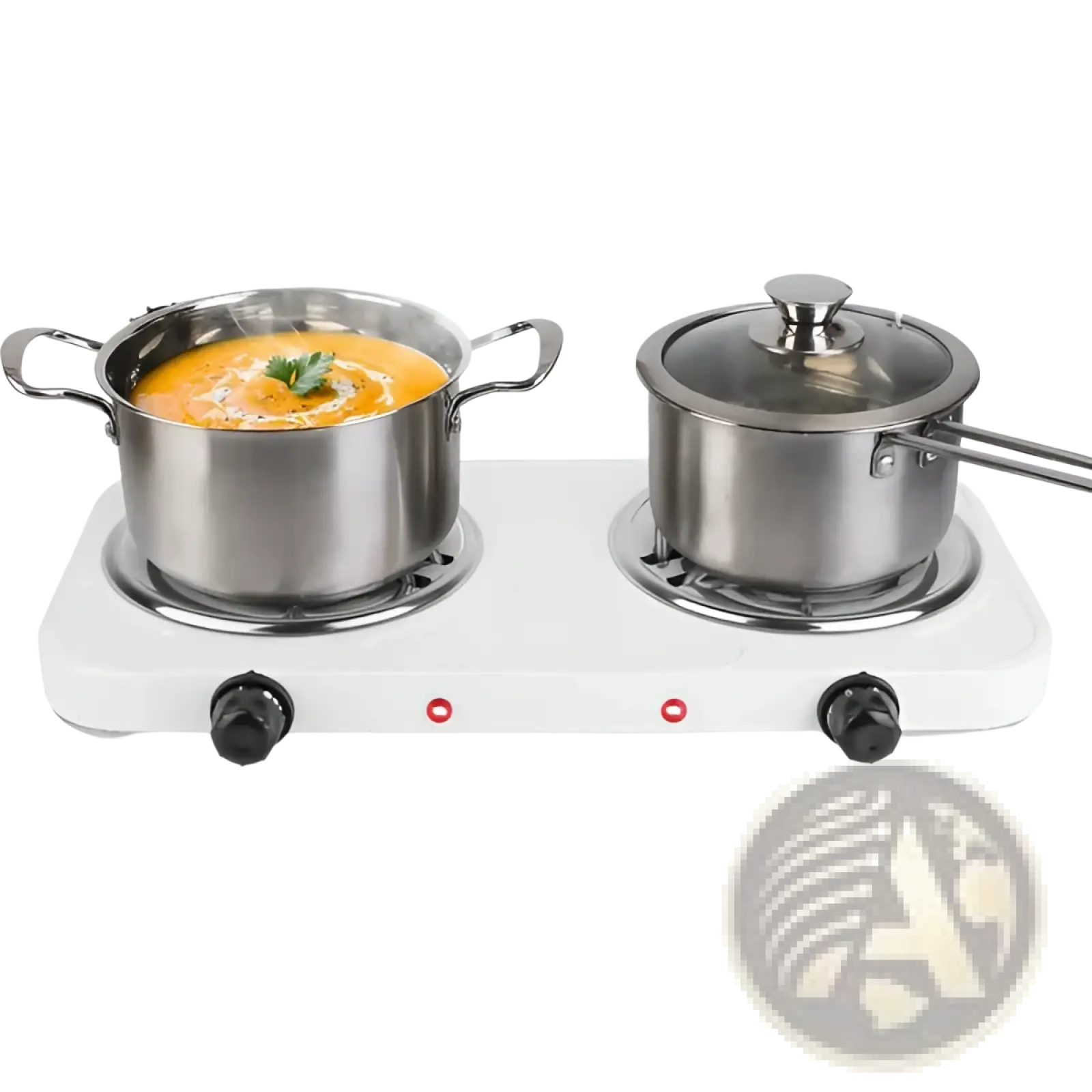 White electric double burner 2000w portable hot plate stove with two stainless steel pots one containing orange soup