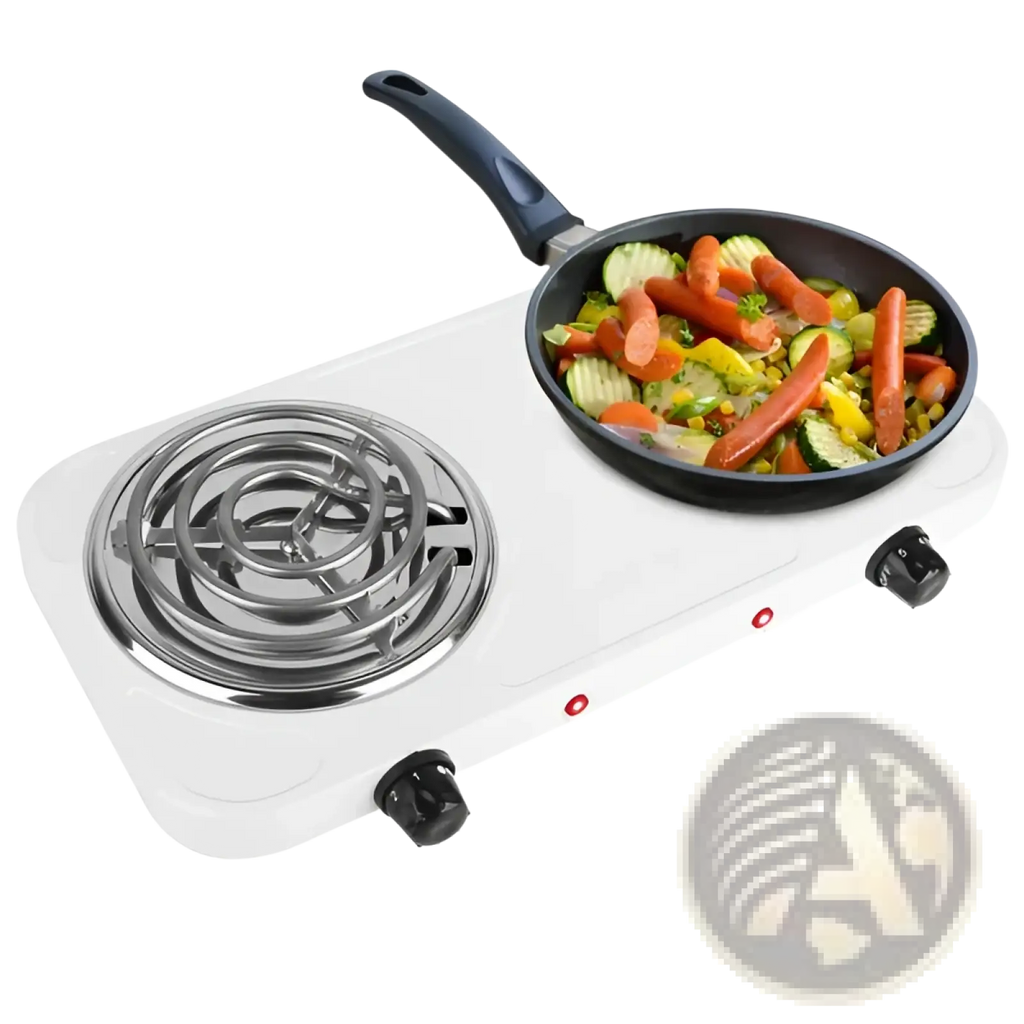 White electric double burner 2000w portable hot plate stove with black frying pan cooking sautéed vegetables