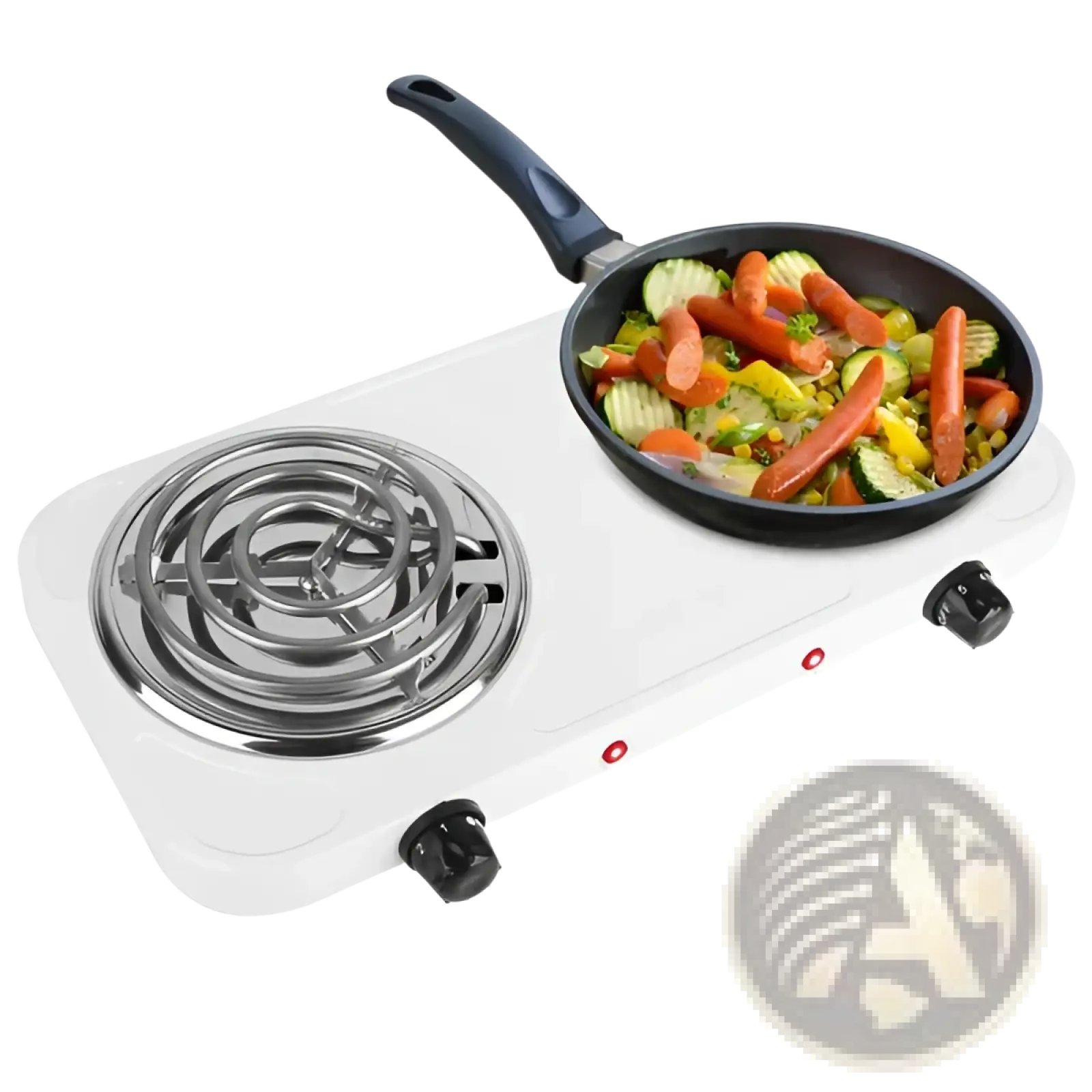 White electric double burner 2000w portable hot plate stove with black frying pan cooking sautéed vegetables