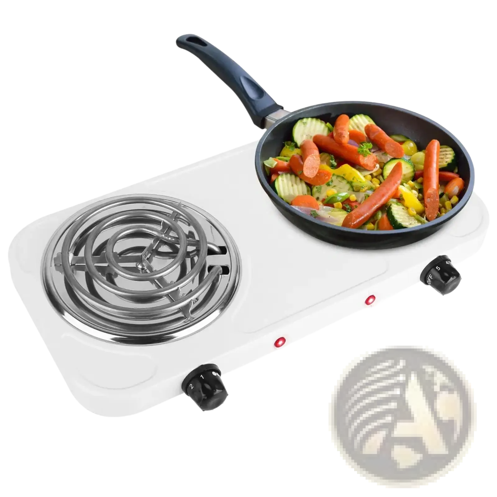 White electric double burner 2000w portable hot plate stove with two black knobs and a pan of colorful vegetables