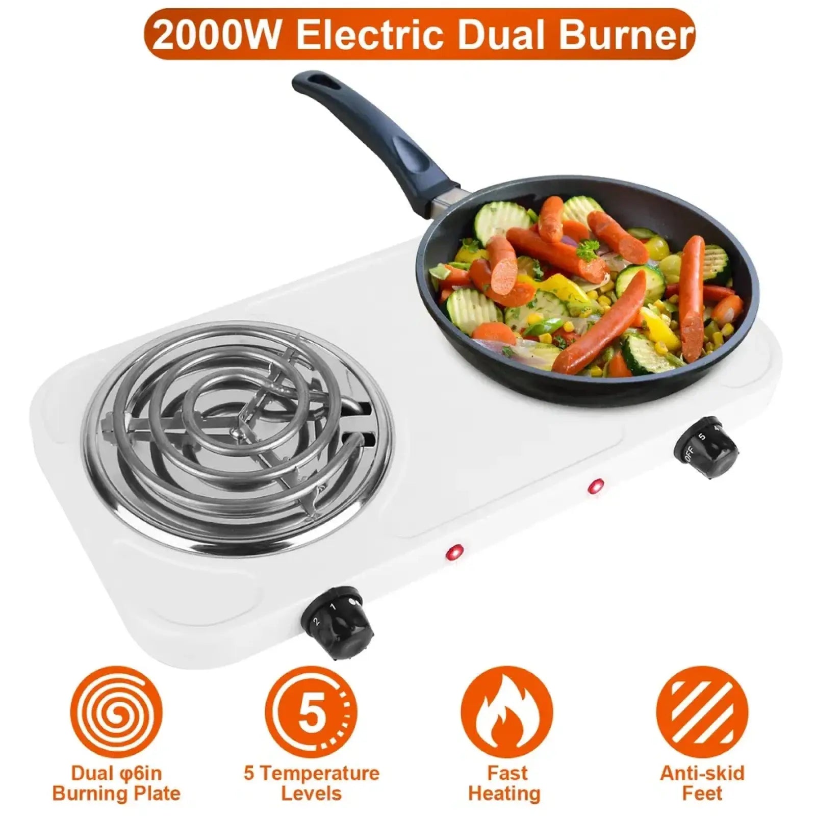 Electric double burner 2000w portable hot plate stove with white body, black handles, and silver heating coils
