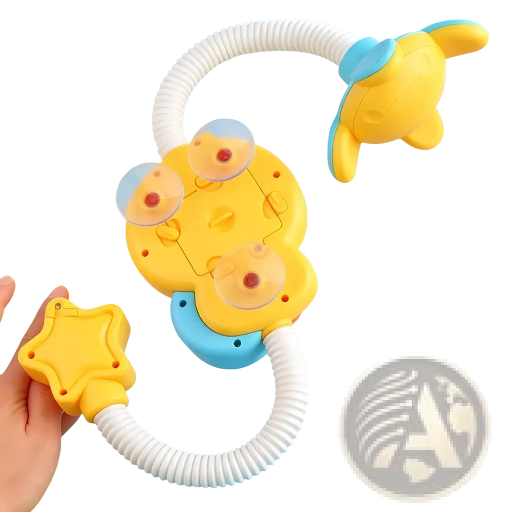 Yellow and blue electric duck baby bath toy with suction cups flexible white hose and star-shaped handle water spray faucet