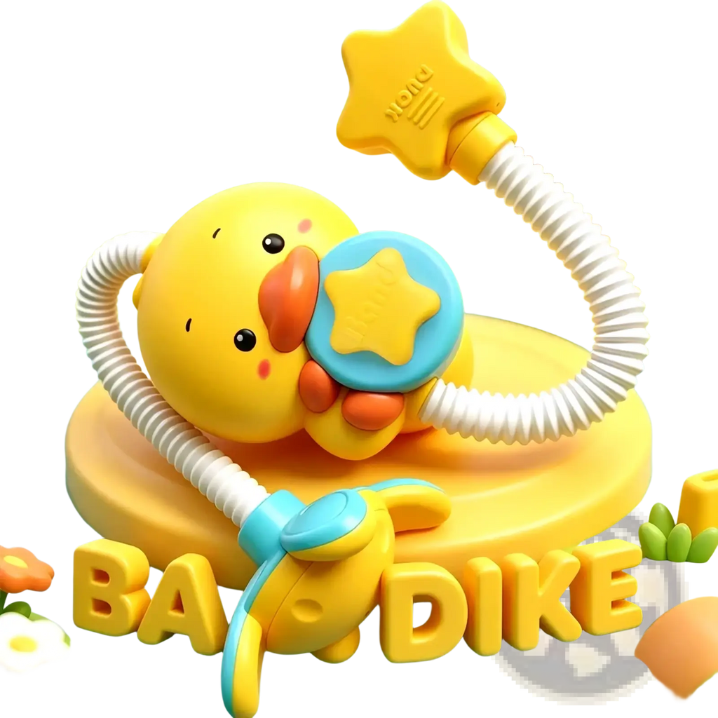 Yellow rubber duck electric baby bath toy with star nozzle blue accents and flexible white spray hose