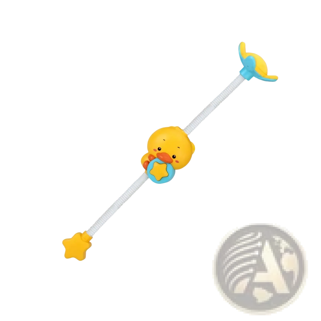 Yellow rubber duck electric baby bath toy with blue accents and star-shaped attachment for water spray faucet use