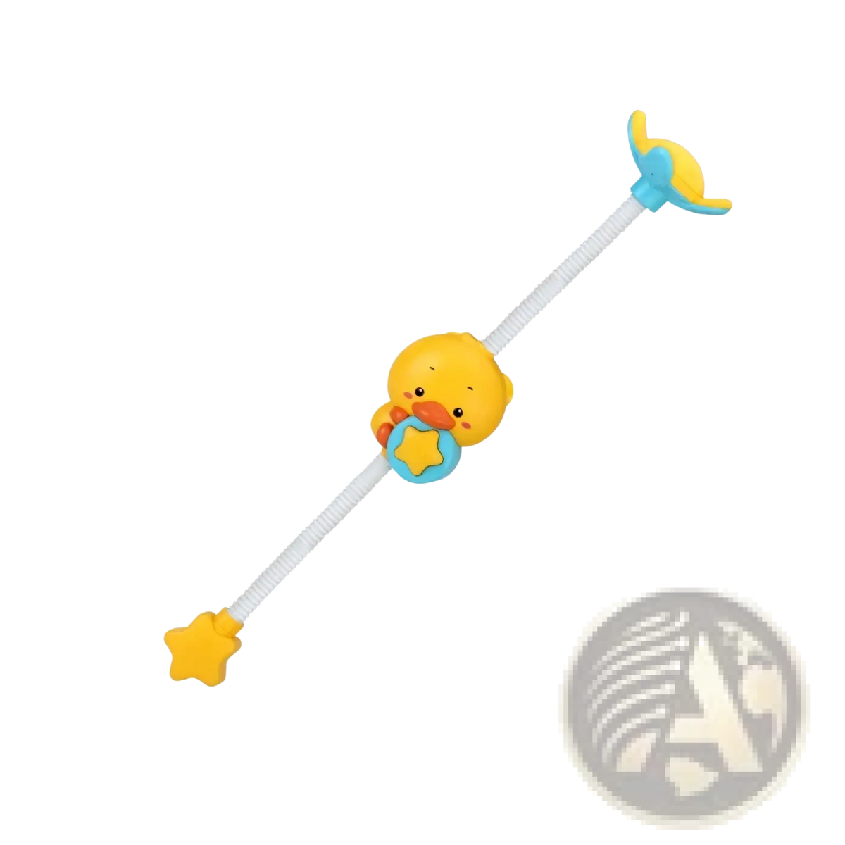 Yellow rubber duck electric baby bath toy with blue accents and star-shaped attachment for water spray faucet use