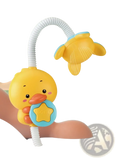 Yellow duck-shaped electric baby bath toy with flexible white hose and blue star water spray faucet detail