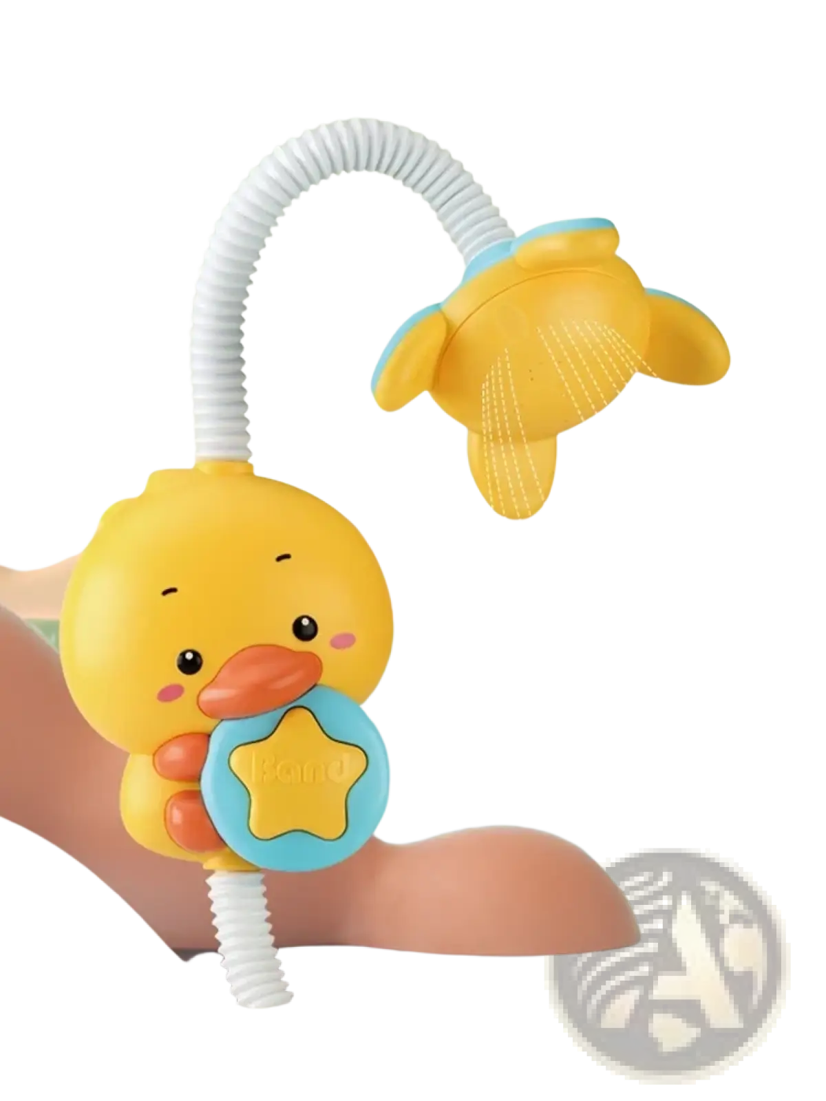 Yellow duck-shaped electric baby bath toy with flexible white hose and blue star water spray faucet detail