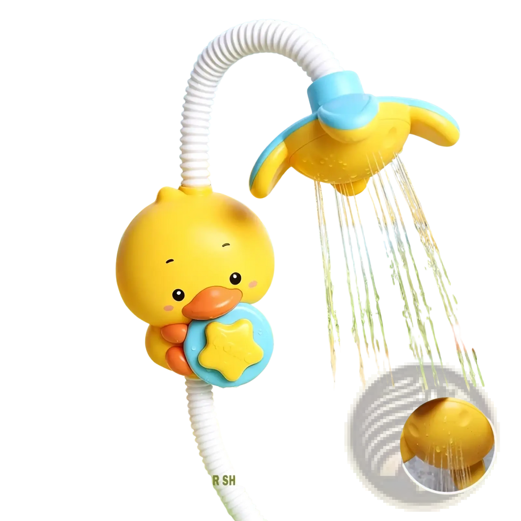 Yellow duck-shaped electric baby bath toy water spray faucet with blue accents and flexible white hose