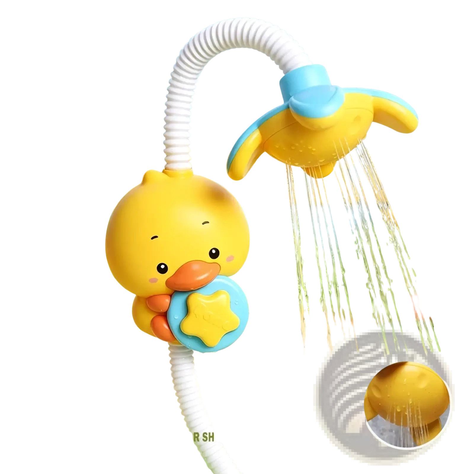 Yellow duck-shaped electric baby bath toy water spray faucet with blue accents and flexible white hose