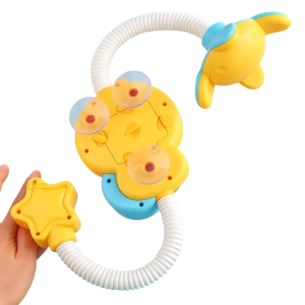 Yellow and blue electric duck baby bath toy with suction cups flexible white hose and star-shaped handle water spray faucet