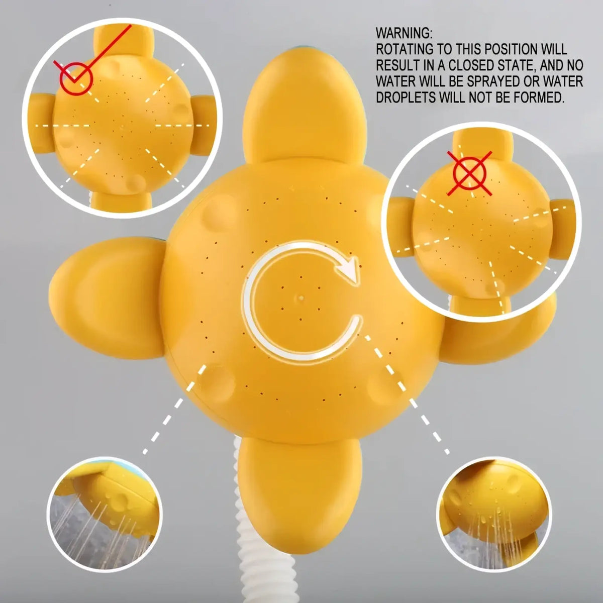 Yellow plastic electric duck baby bath toy shower head with perforated surfaces for water spray faucet