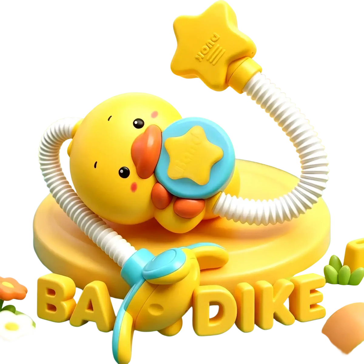 Yellow rubber duck electric baby bath toy with star nozzle blue accents and flexible white spray hose