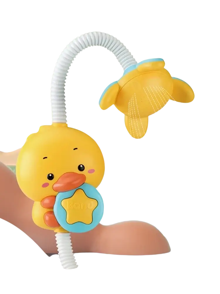 Yellow duck-shaped electric baby bath toy with flexible white hose and blue star water spray faucet detail