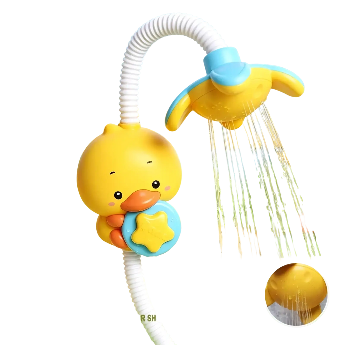 Yellow duck-shaped electric baby bath toy water spray faucet with blue accents and flexible white hose