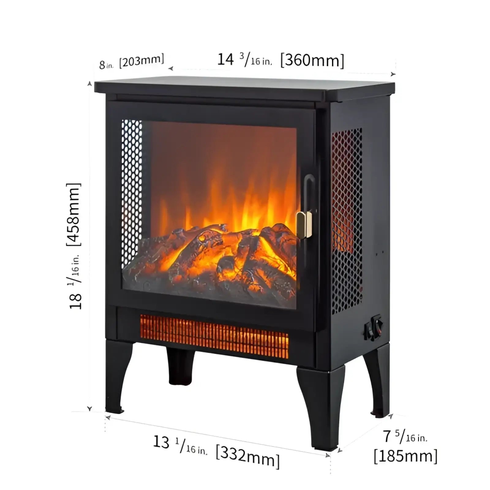 Black electric fireplace stove with 3d glowing orange flames, logs, mesh front panels, and base heater element
