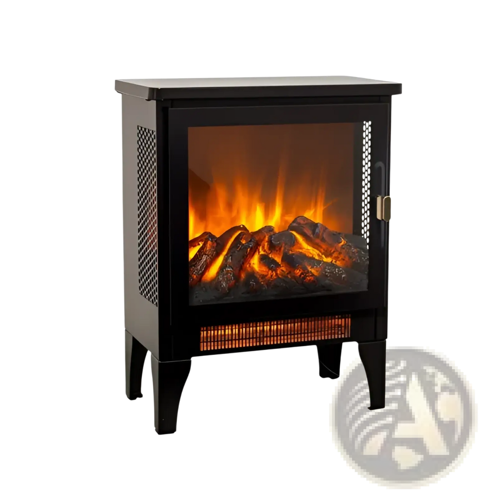 Black electric fireplace stove with 3d flame effect, glass front, perforated mesh panels, and heating element at base