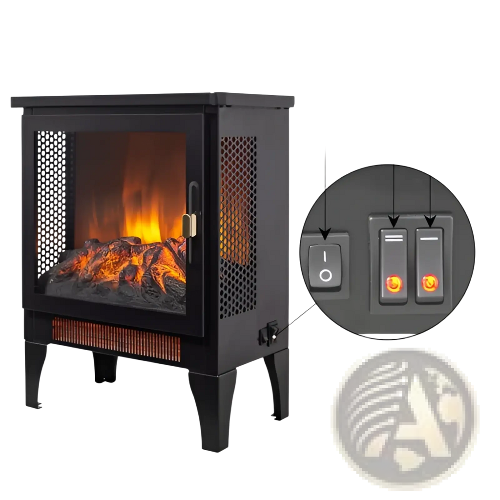 Black electric fireplace stove with 3d flame effect mesh panels and dual heat settings for efficient heating