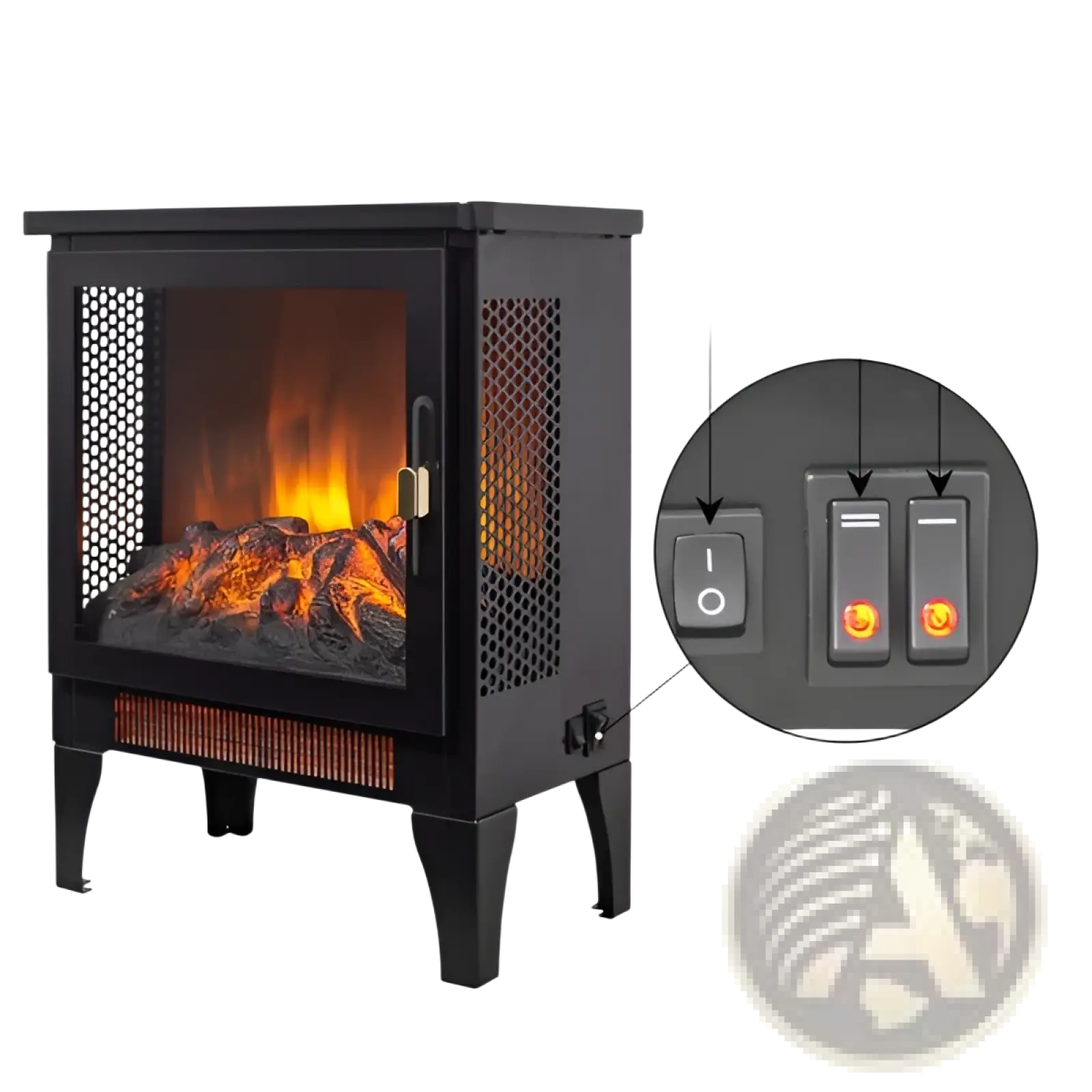 Black electric fireplace stove with 3d flame effect mesh panels and dual heat settings for efficient heating