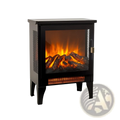 Black electric fireplace stove with 3d realistic orange yellow flames, glass front, and perforated mesh side panels for ventilation