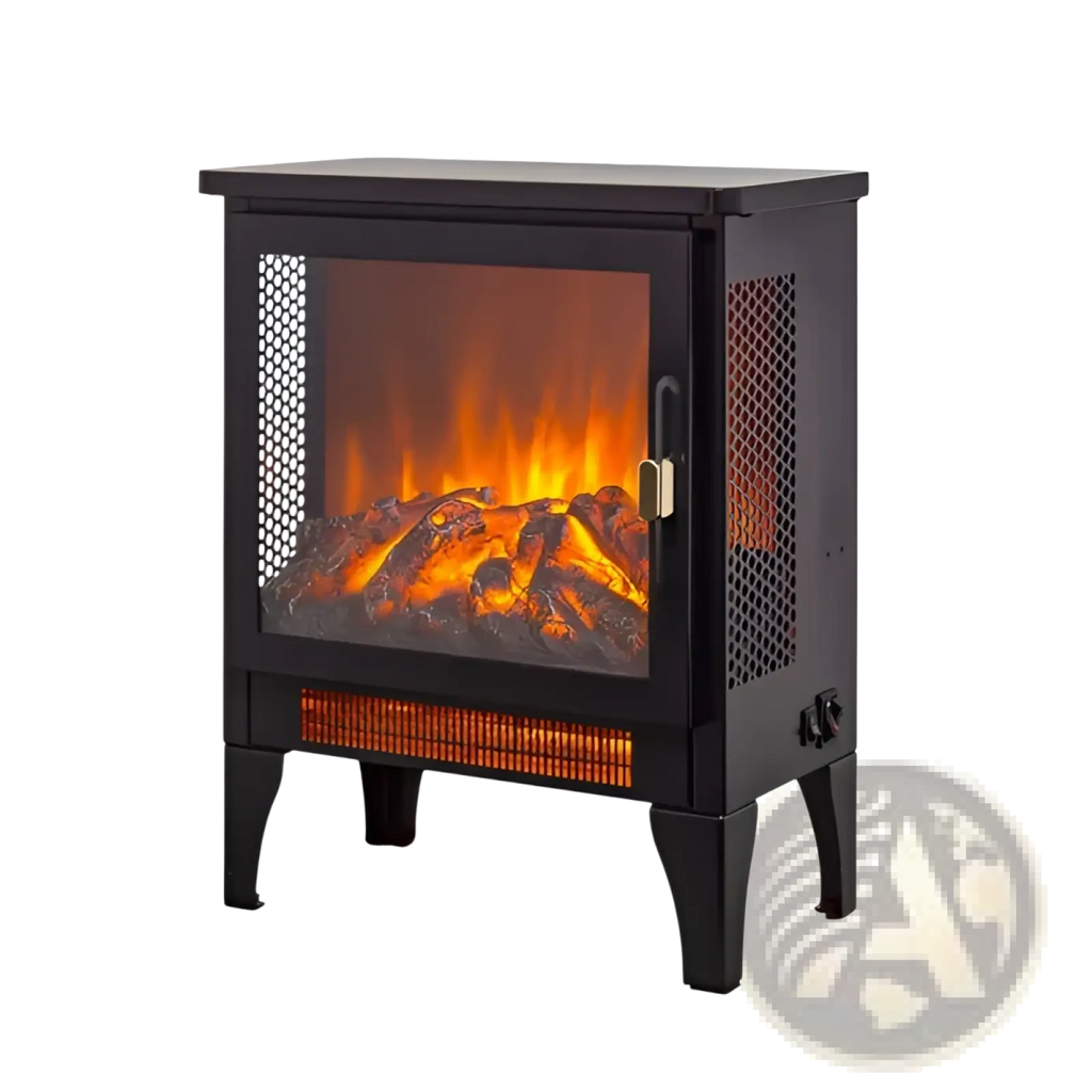 Black electric fireplace stove with 3d realistic orange flames, logs, mesh front panel, and decorative legs