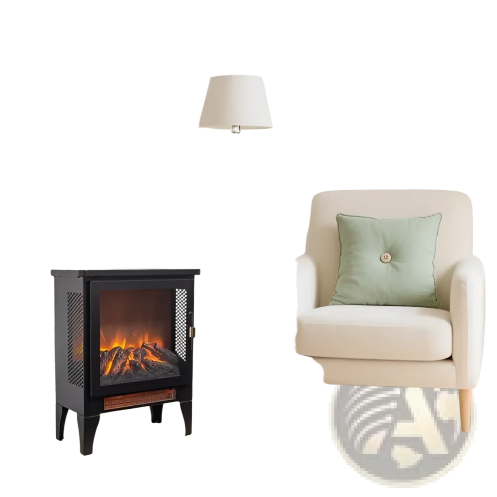 Black electric fireplace stove with 3d realistic flame effect and mesh side panels for indoor ambiance