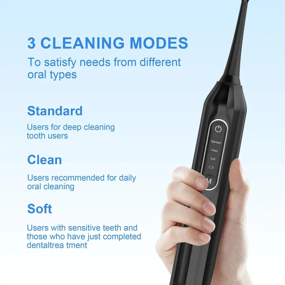 Black professional electric water flosser with sleek ergonomic design and three cleaning modes for deep dental care