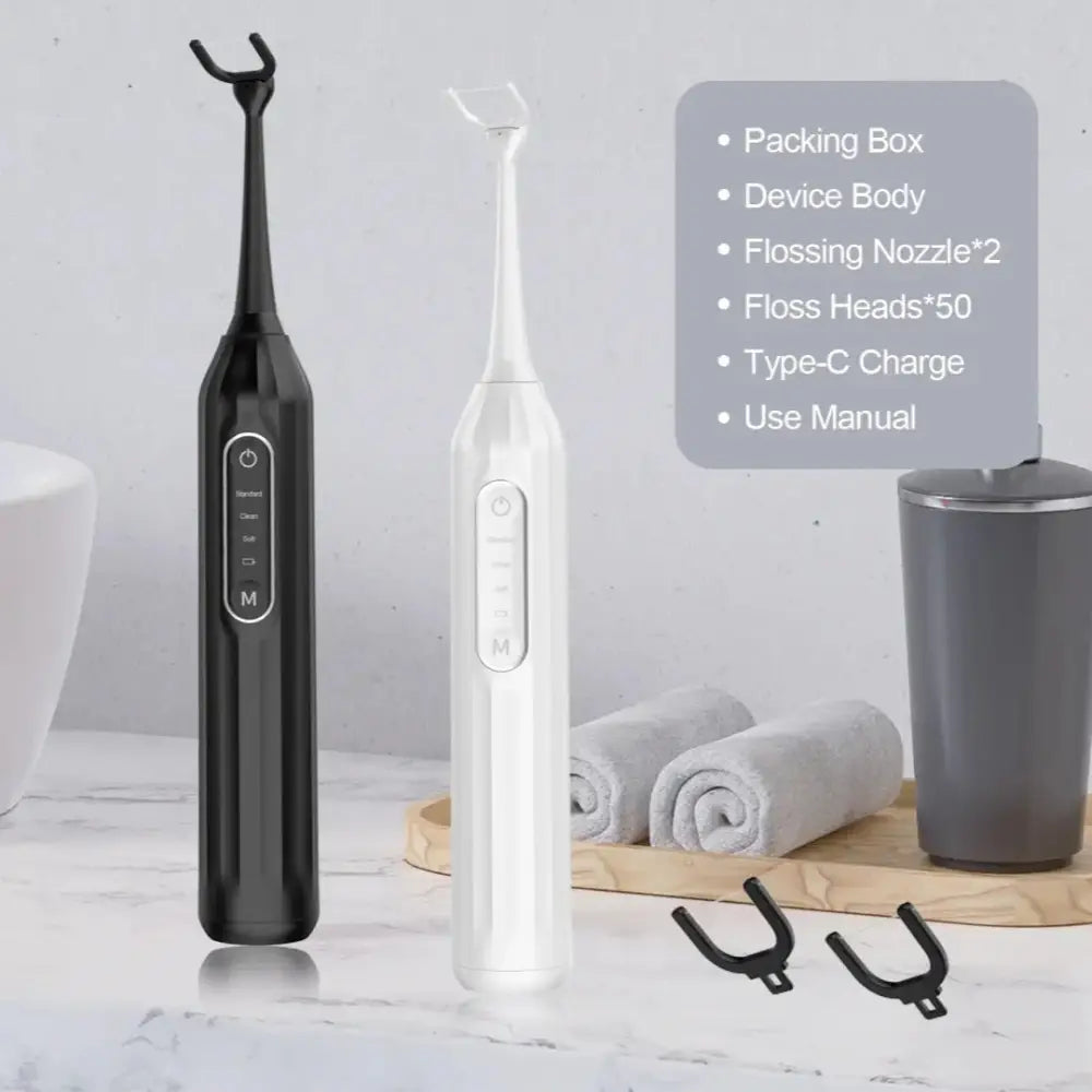 Professional electric water flosser in black and white with sleek ergonomic handles for deep dental care