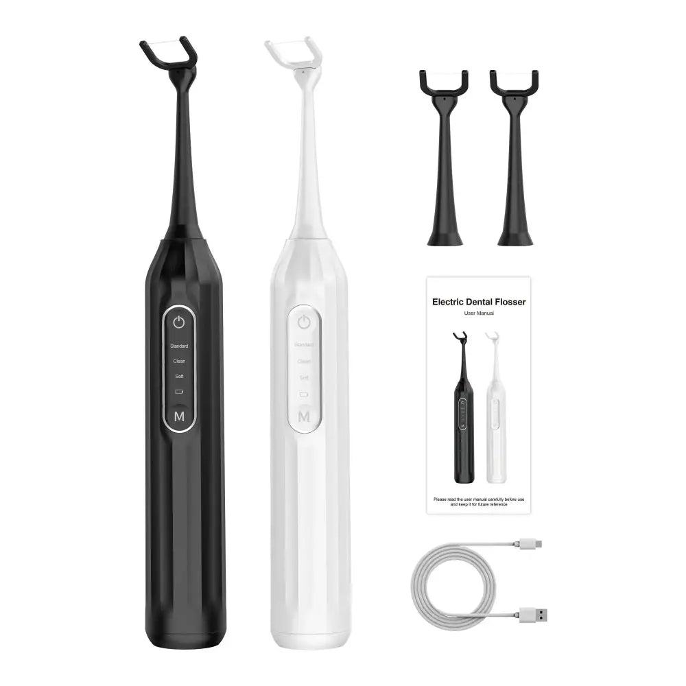 Professional electric water flossers in black and white with ergonomic design and matching replacement heads for deep dental care