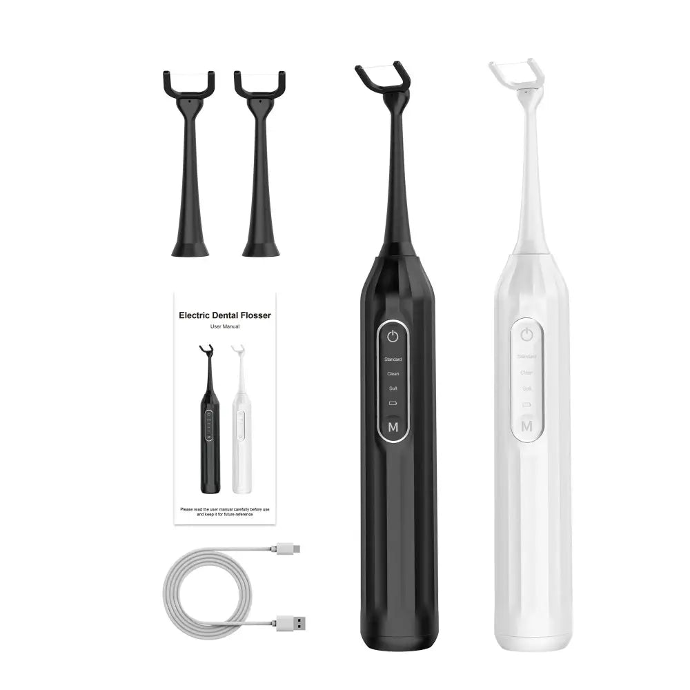 Black and white electric water flossers with sleek ergonomic designs and matching replacement heads for deep dental care