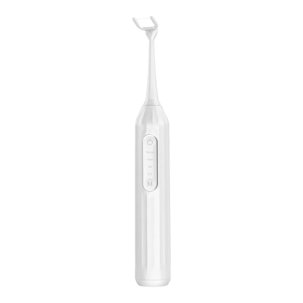 White professional electric water flosser with sleek modern design and curved brush head for deep dental care