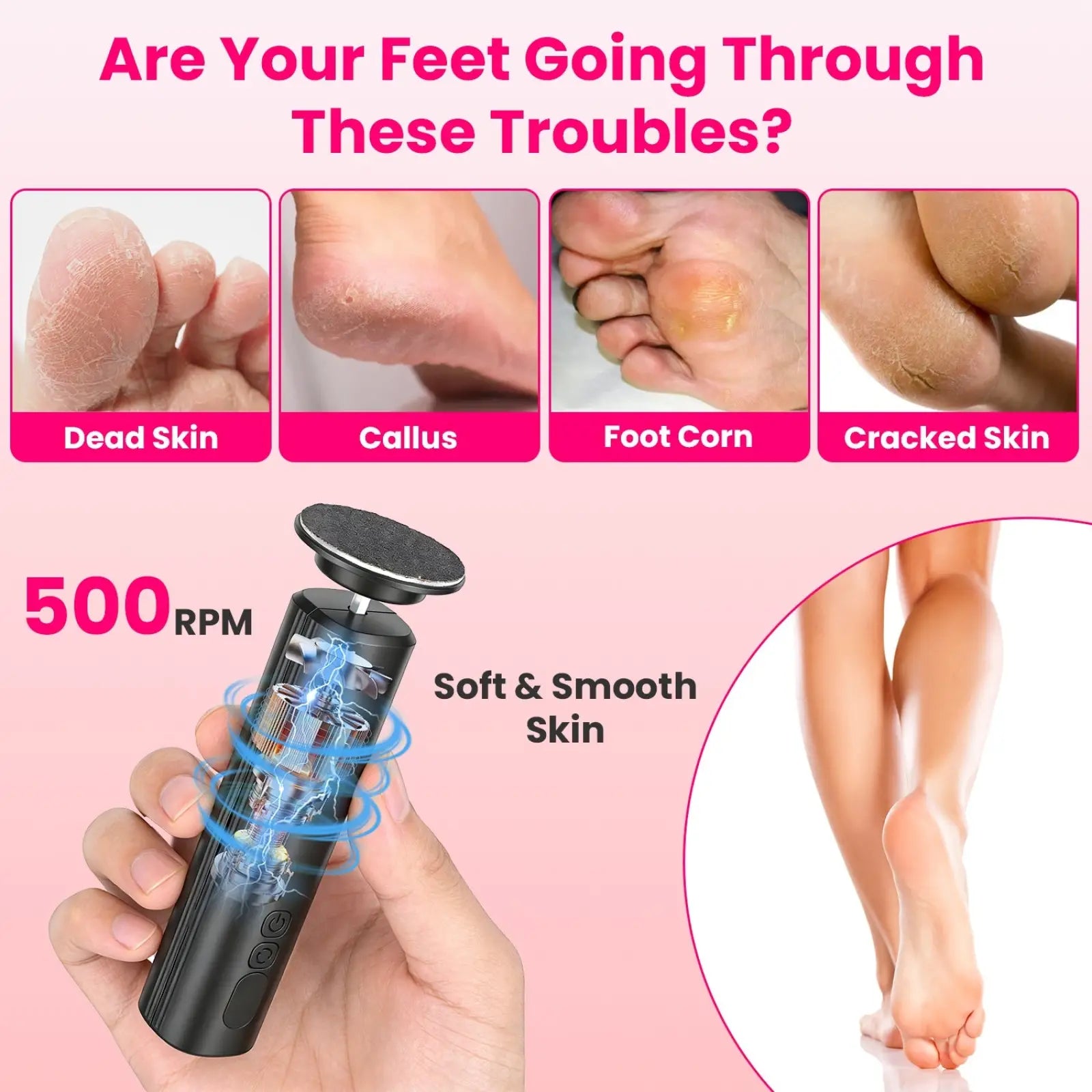 Black handheld electric foot callus remover with circular grinding head and 500 rpm speed for nail and foot care