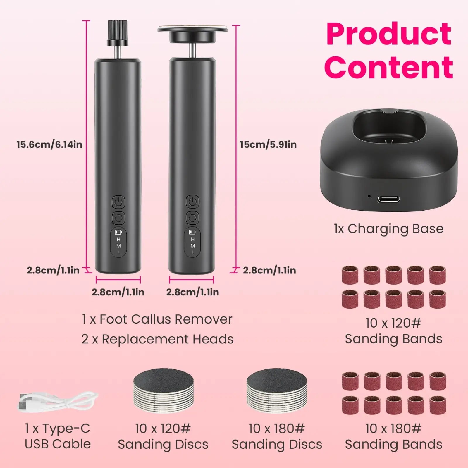 Electric foot callus remover and nail grinder kit in black with interchangeable sanding heads and charging base