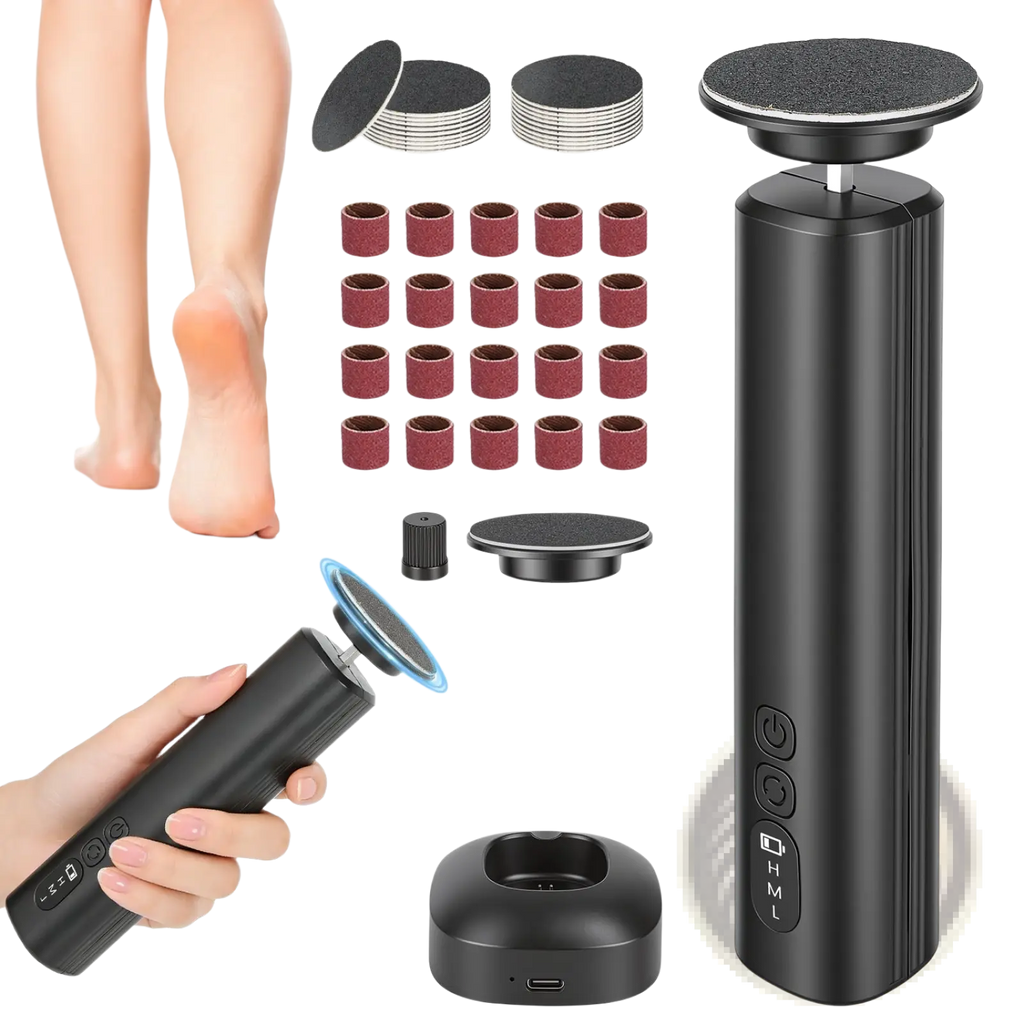 Black cylindrical electric foot callus remover and nail grinder kit with interchangeable abrasive discs for smooth feet